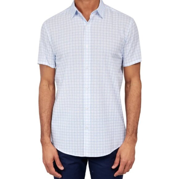 W.R.K Blue Check 4 Way Stretch Short Sleeve Button Up Shirt - Picture 1 of 3